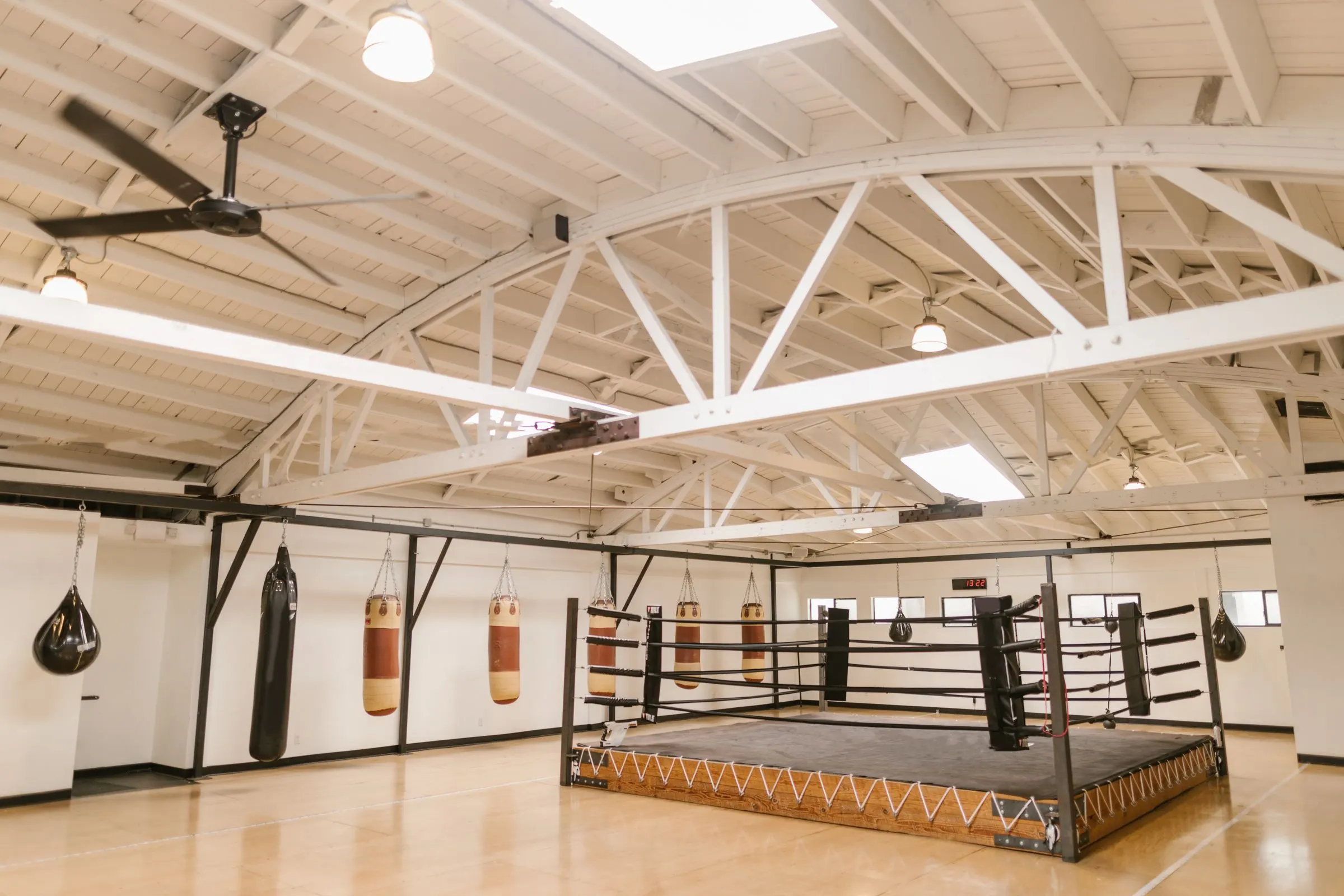 A sunlit boxing gym with a ring