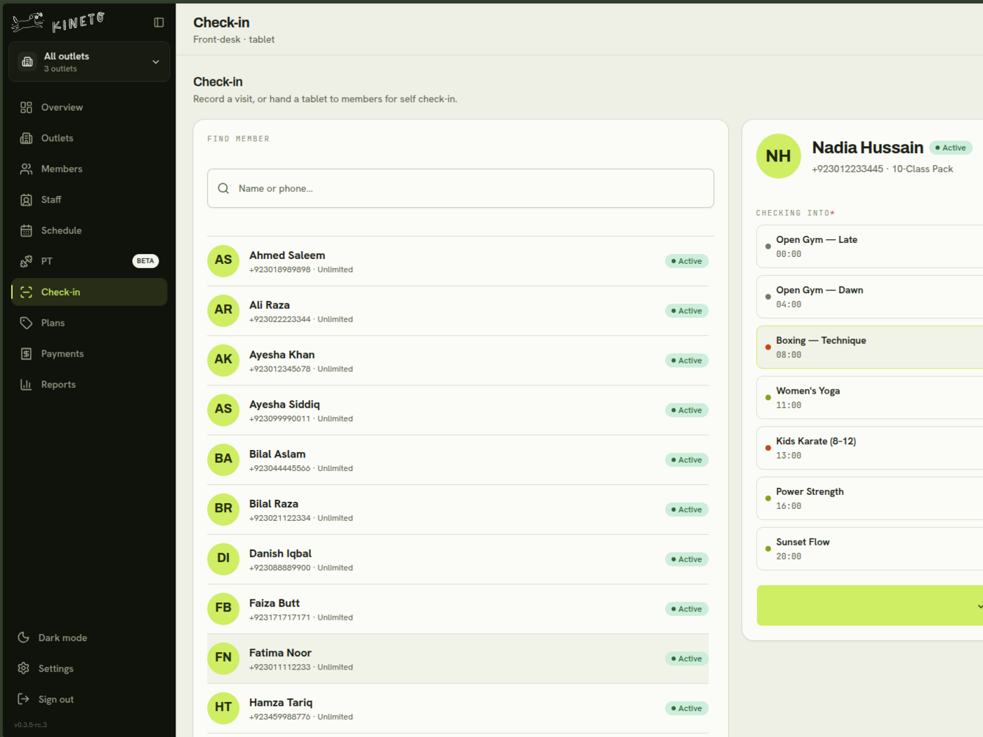 Kineto front-desk check-in with member search and live attendance