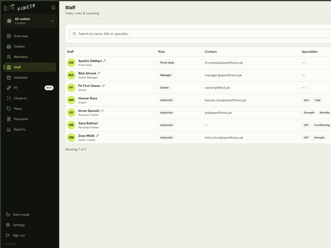 Kineto staff list showing role-based access across owner, manager, front-desk and instructor roles